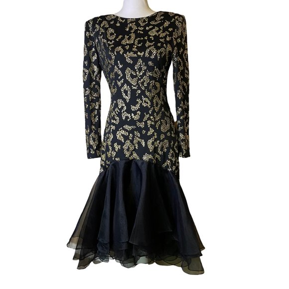 A.J. Bari Dresses & Skirts - A.J. Bari Vintage 1980s Black Silver Dress Long Sleeve Sequin Open Back Tulle